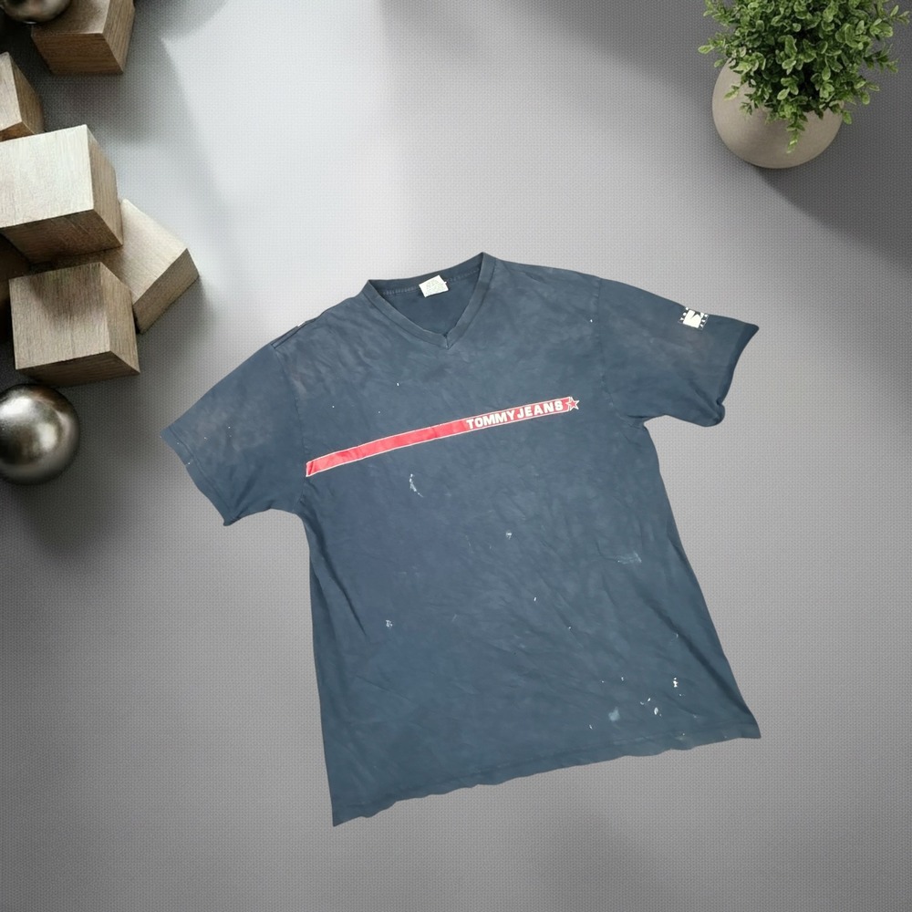 Vintage 90s Tommy Jeans V-Neck T-Shirt Navy Blue Boxy Fit Large Spellout Logo